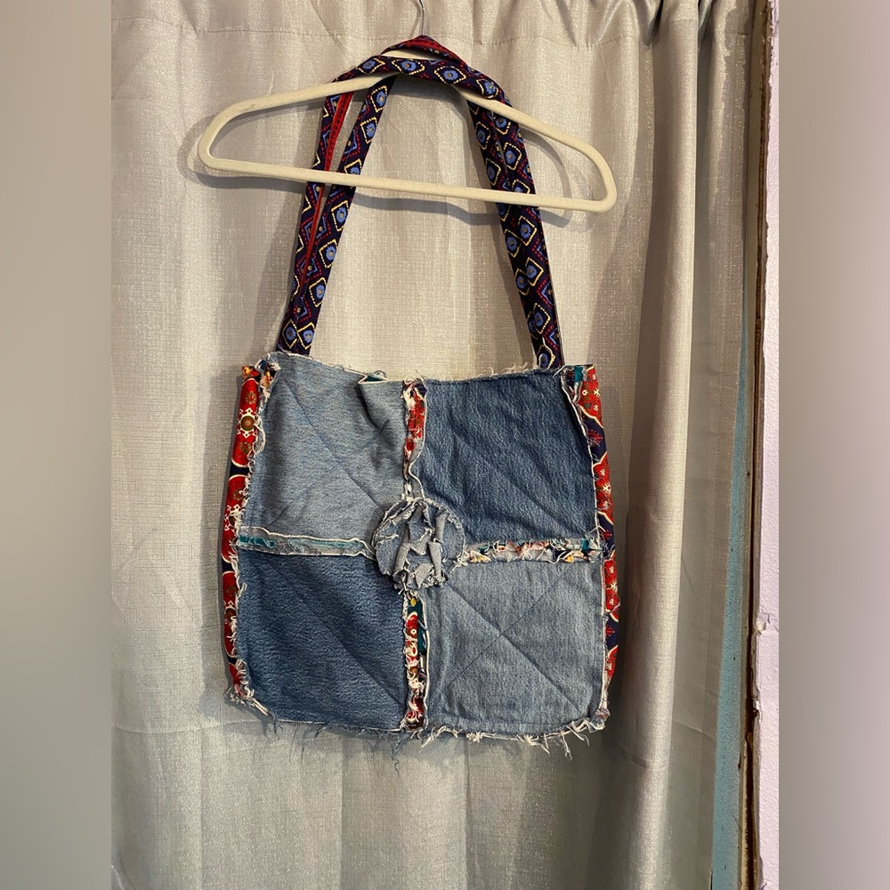 Hand made Denim Patchwork Shoulder Bag with Red Accents with Velcro closure